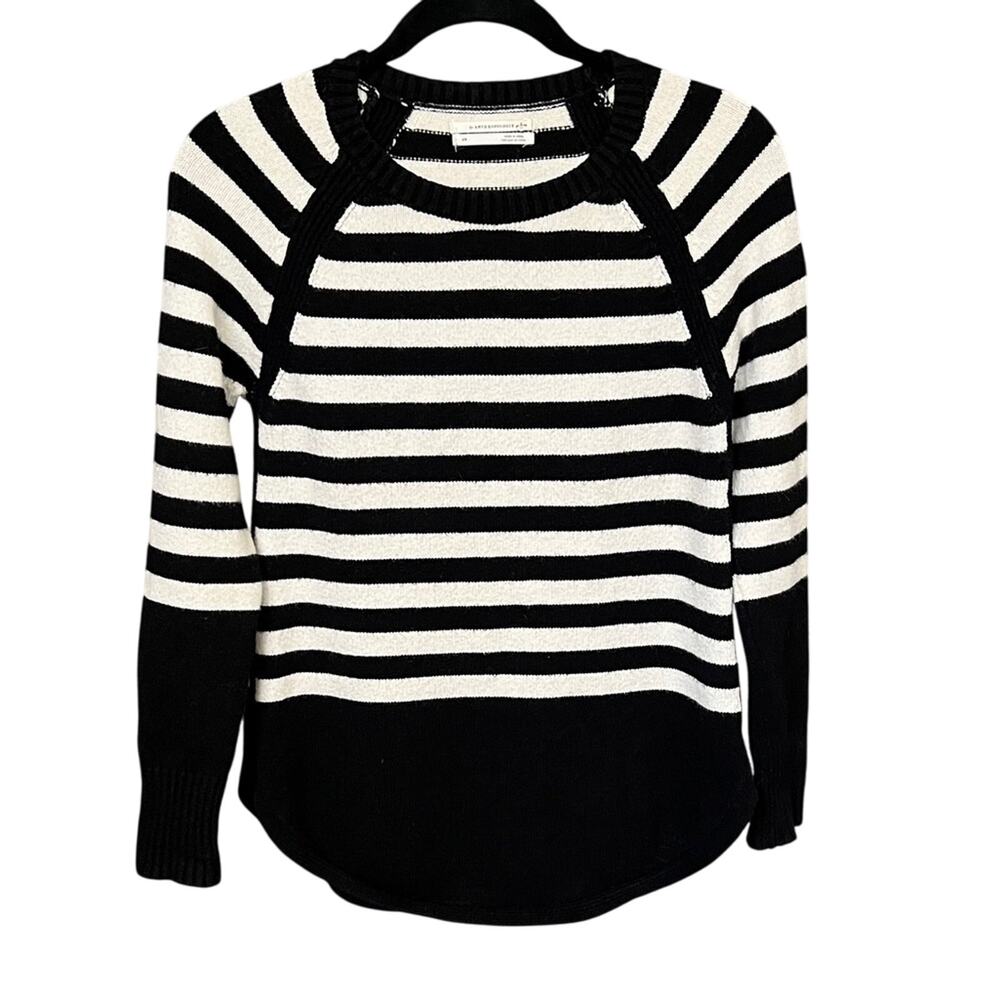 Anthropologie Black White Striped Crewneck Sweater Curved Hem Viscose Blend - XS